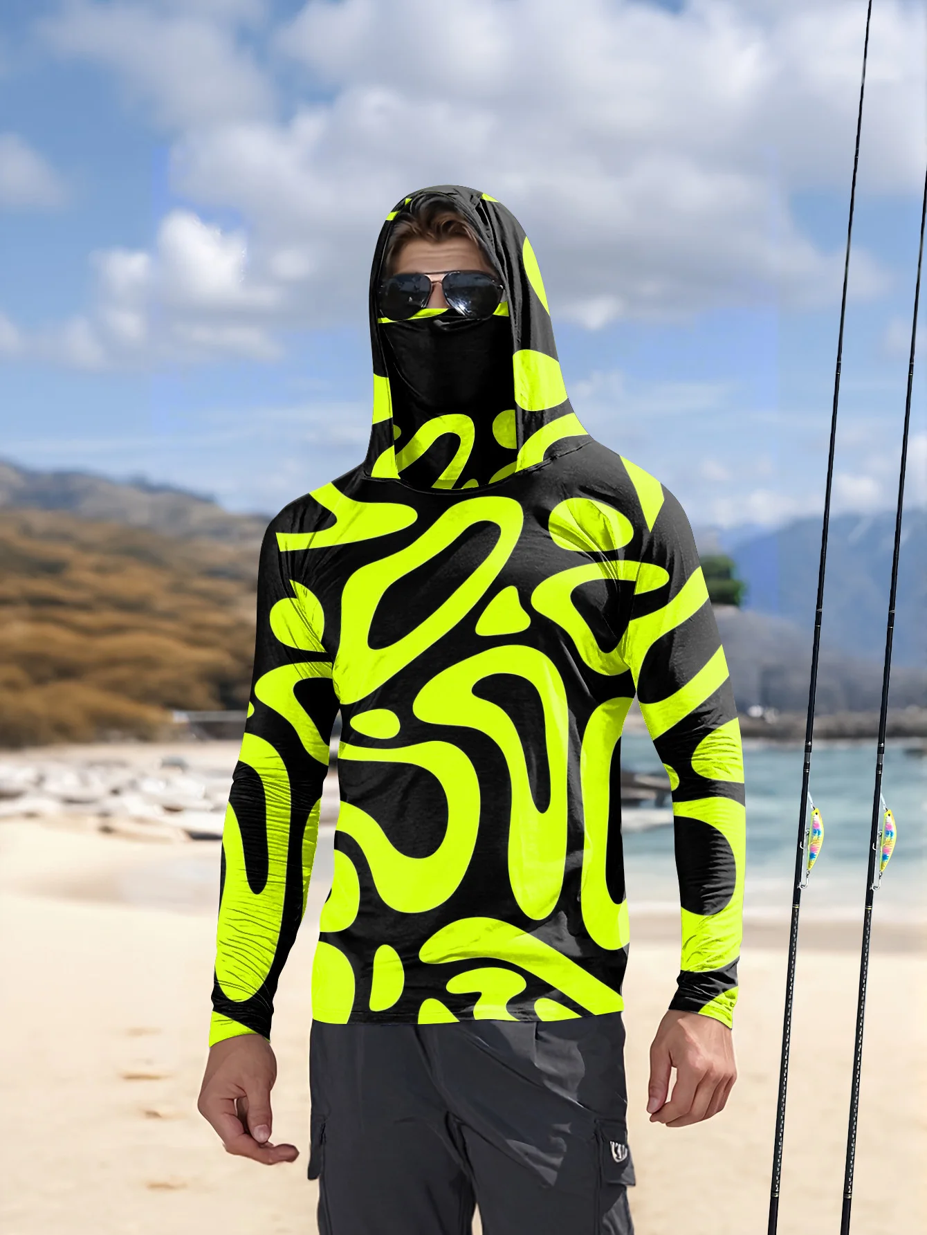 Fishing Mask Sun Protection - قميص صيد رجالي بغطاء للرأس، بتصميم